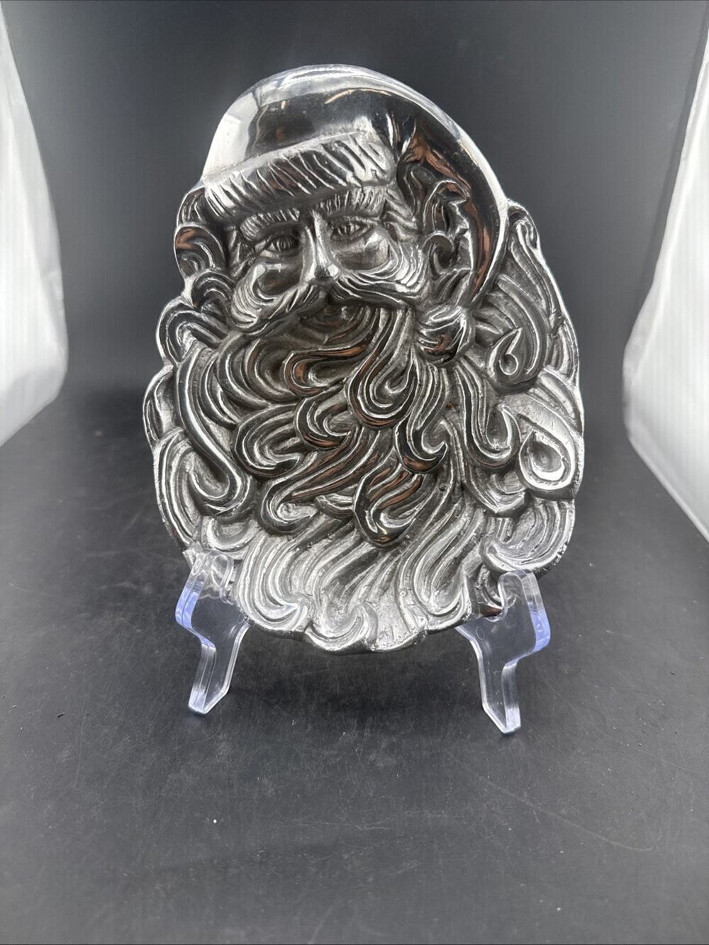 VTG Mexican Pewter Aluminum Santa Claus Face Trinket Dish Tray 7" 9.5oz Mexico